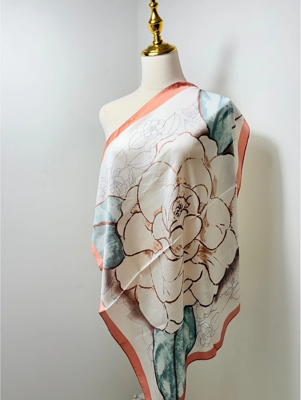Elegant Floral Print Scarf with Coral Border